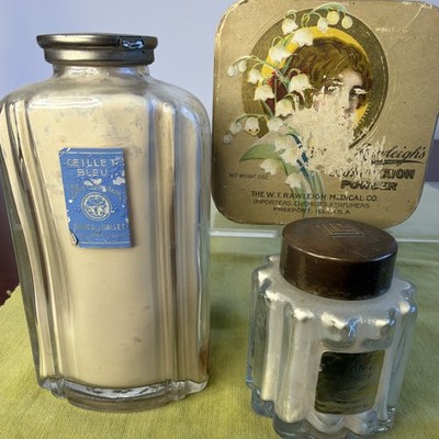 1940s Ceillet Bleu Blue Carnation Dry Perfume Powder Roger & Gallet & Assorted