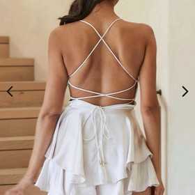 NWT Selfie Leslie Mon Cherie Champagne Cowl Neck Lace Back Ruffled Romper, Sz M.