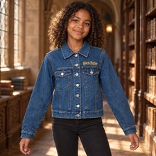 Harry Potter Hogwarts Crest Embroidered Denim Jacket Girls M 10/12 Blue