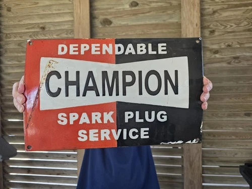 VINTAGE DEPENDABLE CHAMPION SPARK PLUG SERVICE PORCELAIN SIGN APPX  16" X 9.5"