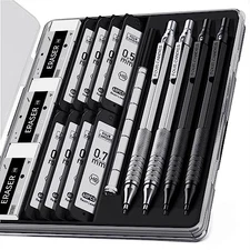  4PCS Metal Mechanical Pencils Set with Case, 0.5mm & 0.7 Silver+Black (4PCS)