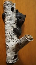 Black Bear Cub Hook Figurine Climbing Birch Tree Rustic Lodge Cabin Home Decor