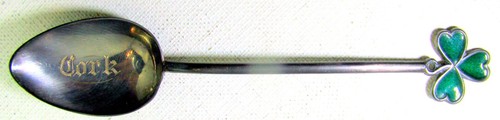 1901 Green Enameled Shamrock Sterling Silver Expresso Spoon Cork Ireland