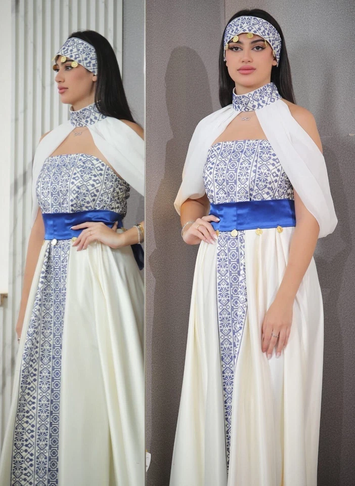 Women Palestinian Embroidered Thobe Dress Off Shoulder Satin Details & Headband - Image 4 of 4
