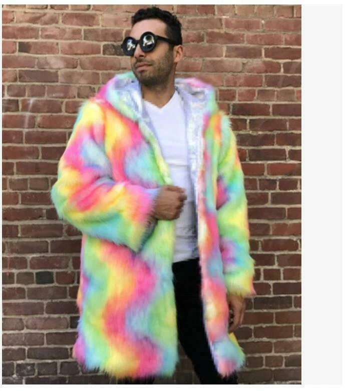 2 Style Casual Men's Mixed-color Hooded Faux  Fur Coat Outwear Jacket Parka b888 - Image 2 of 4