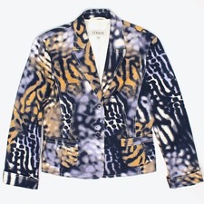 Feraud Womens Blazer 8 Blue Gold Abstract Print Cotton Blend Jacket Sport Coat