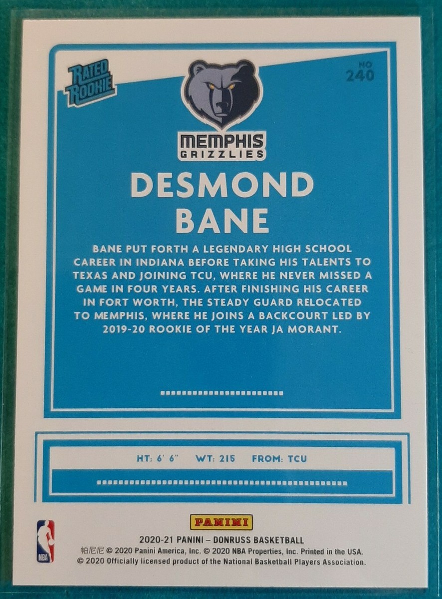 2020-21 DONRUSS DESMOND BANE RATED ROOKIE #240 MEMPHIS GRIZZLIES