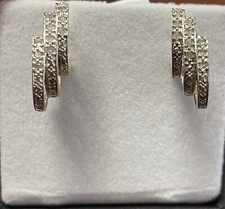 10k Solid Yellow Gold 3 Row Diamond Earrings