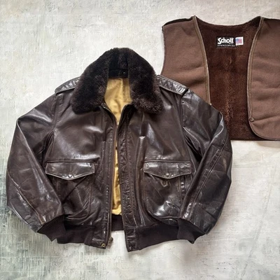 Vintage Schott G1 Leder Fliegerjacke mit abnehmbarem Teddy-Futter Braun L 80er - Bild 1 von 4