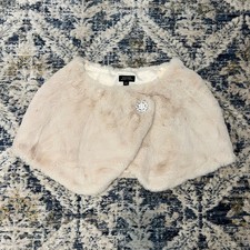 Tahari Faux Fur Capelet Women Large Champagne Rhinestone Button Wrap Bolero