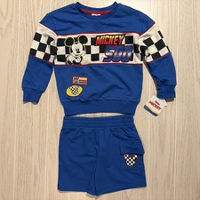 Disney Junior Mickey 2pc Set Boys 5T Blue Racing Checkered Sweatshirt Shorts EUC