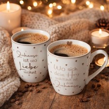 2er Set Kaffeetassen Zuhause Glück Jumbobecher 450ml weiss Home b562  Tassen