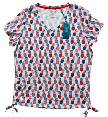 CARIBBEAN JOE R/W/B Pineapple print SS V-neck Pullover Top~Women's M~NWT $38
