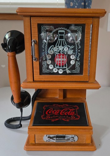 Vintage Coca-Cola Wood Wall Phone Replica Push Button Telephone Tested Works