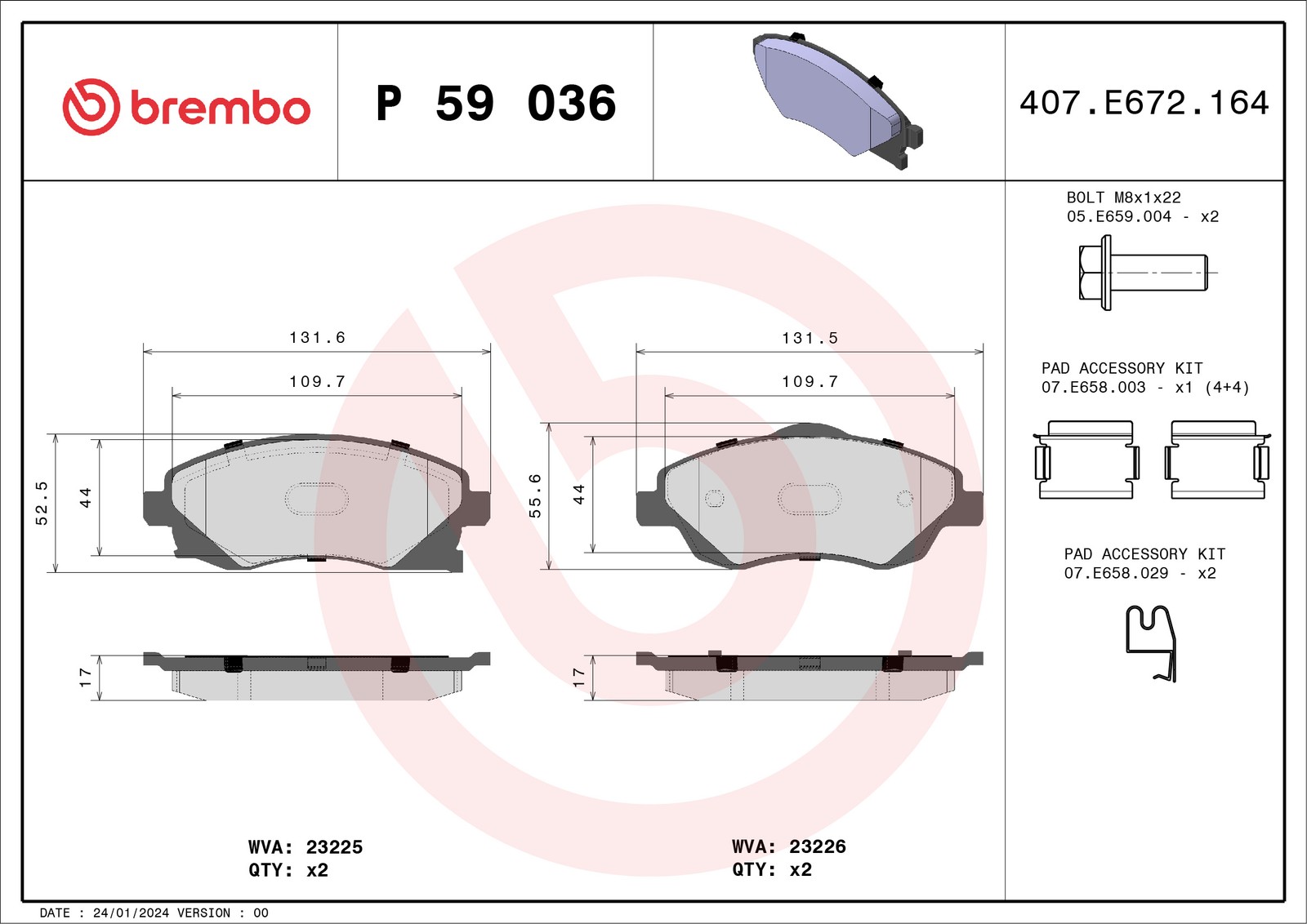P 59 036 Disc Brake Brake Pad Set Front Fits Opel Corsa C Hatchback Van Brembo - Image 42