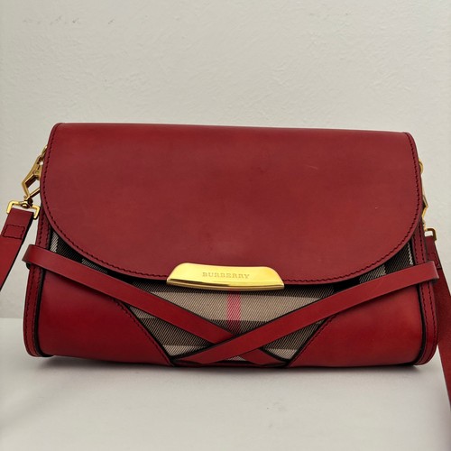Burberry Bridle Abbott Crossbody Hand Bag in Red Leather and Check Canvas