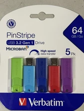 Verbatim PinStripe 64GB USB 3.2 Type-A Flash Drive Assorted Colors 5/Pack NIB