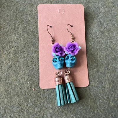 Handcrafted  Day of the Dead Earrings With Swarovski Flat Back Eyes Clay Flowers