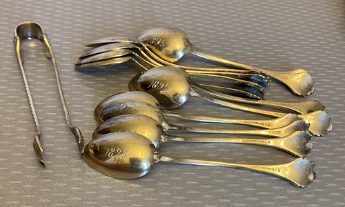 antique Gorham Foget Me Not Enamel Sterling Vermeil 808 Demi Spoon Tong Set 13P - Picture 5 of 9