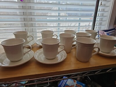 Mikasa French Countryside Set of 7 White Flat Cups & Saucers + 3 4'' Mugs
