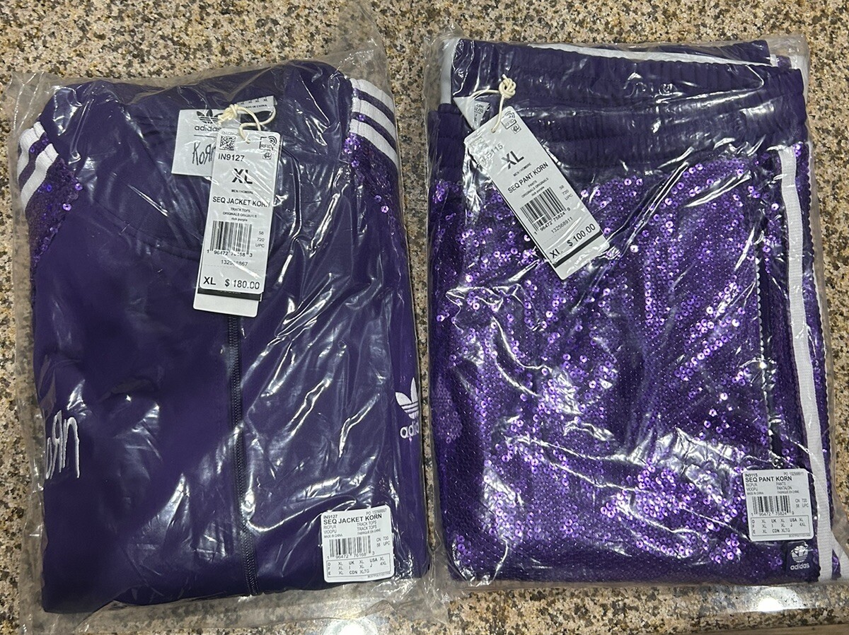 KORN X ADIDAS PURPLE SEQUIN TRACK SUIT SET JACKET PANTS Sz-XL IN