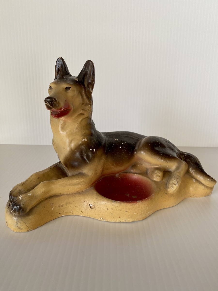 Vtg Carnival Chalkware German Shepard Dog Lying Dresser Change