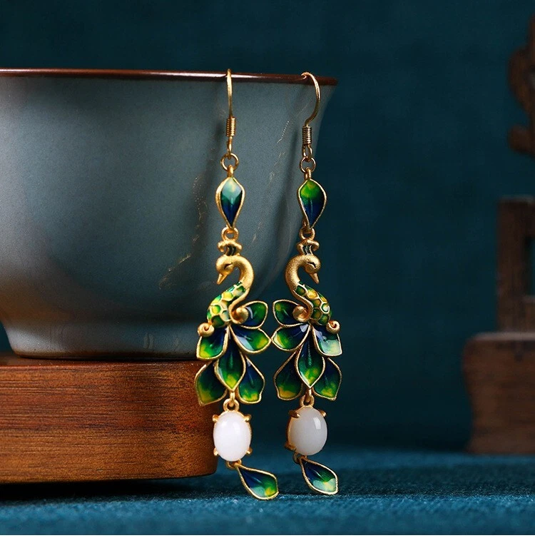 Jade Drop Dangle Earrings Peacock Cloisonne Bohemian Ear Hook 18K Gold Plated - Image 4 of 4