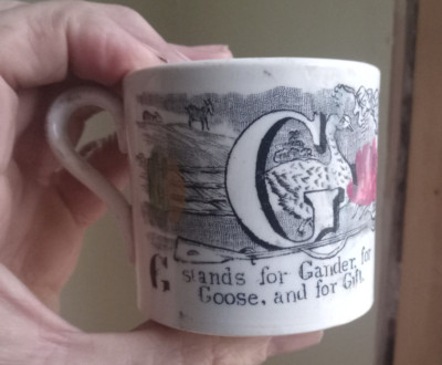 1860s CHILD'S ALPHABET MUG LETTERS G & H STAFFORDSHIRE ABC CUP APPLIED HANDLE