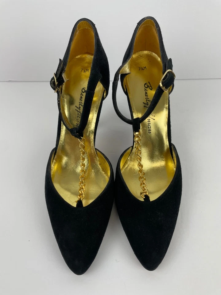 Tacones Beverly Feldman vintage años 80 cuero gamuza negro cadena dorada Foto 3 de 4