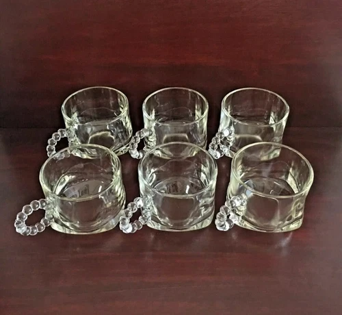 Set of 6 Hazel Atlas Orchard Vintage Punch Bowl Cups Square Bottom Clear Glass