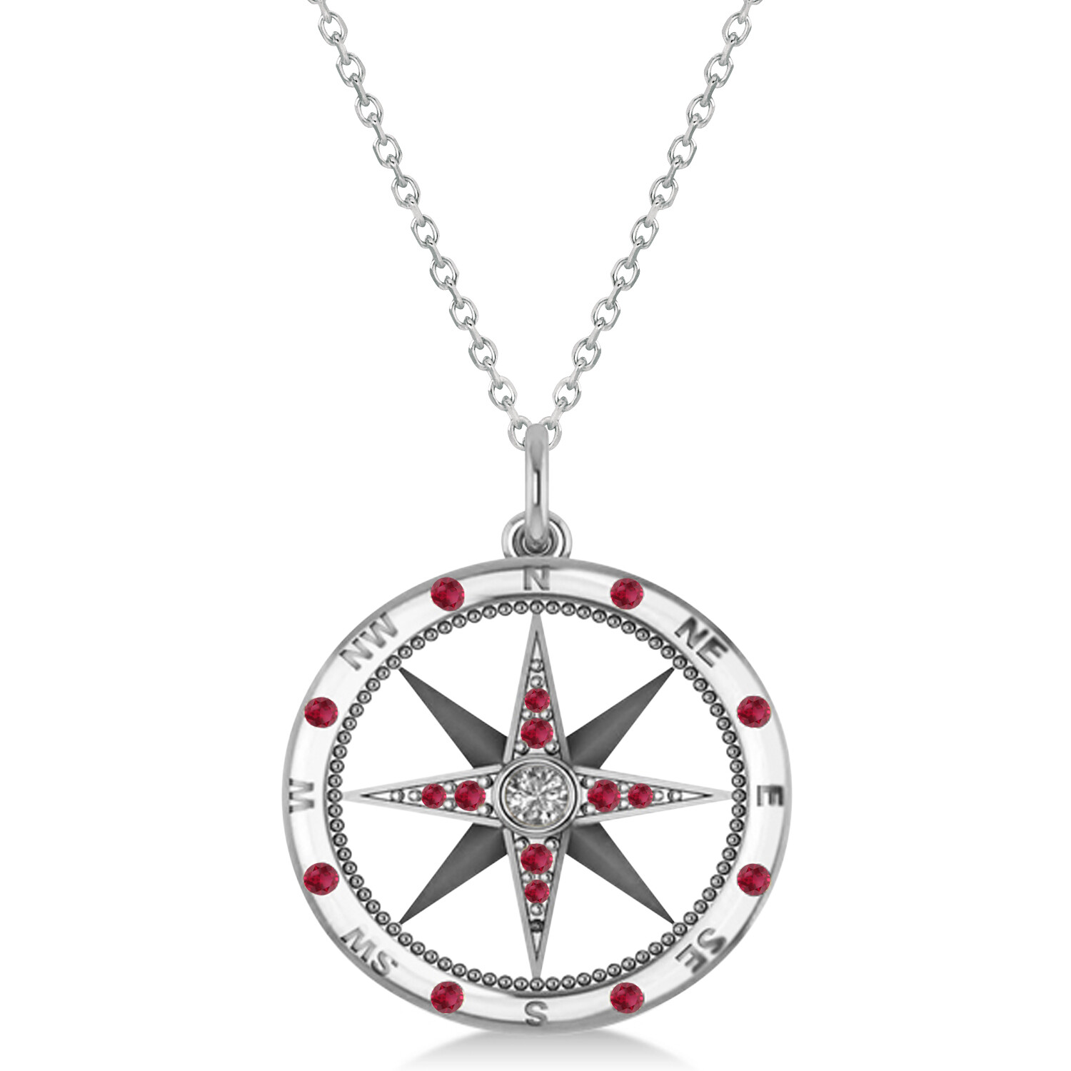 Women's Compass Necklace Pendant Ruby & Diamond Accented 14k White Gold
