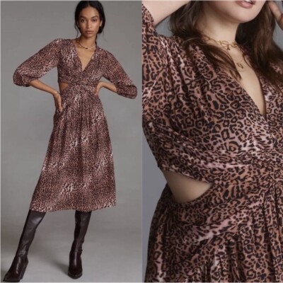Anthro Ranna Gill NWT Animal Cheetah Leopard Cut-Out Midi Dress Long Sleeve  | eBay