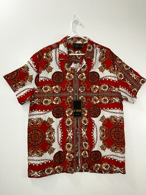 Men's Casa Moda Luxury Short Sleeve Shirt Red & Gold Chain Baroque Print M