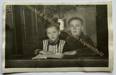 orig. Photo Postcard Children Boy Girl Book Reading Circa 1930 