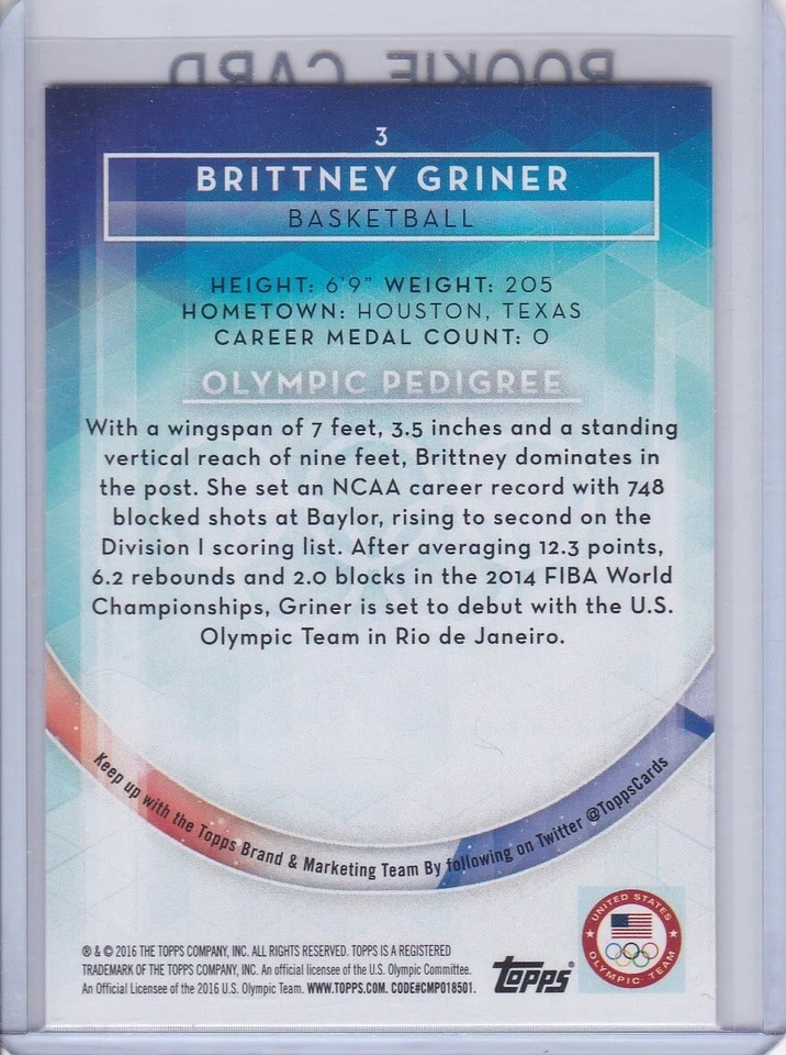 BRITTNEY GRINER ROOKIE CARD Topps TEAM USA Basketball RARE GOLD VERSION $$ RC! - Image 2 of 2