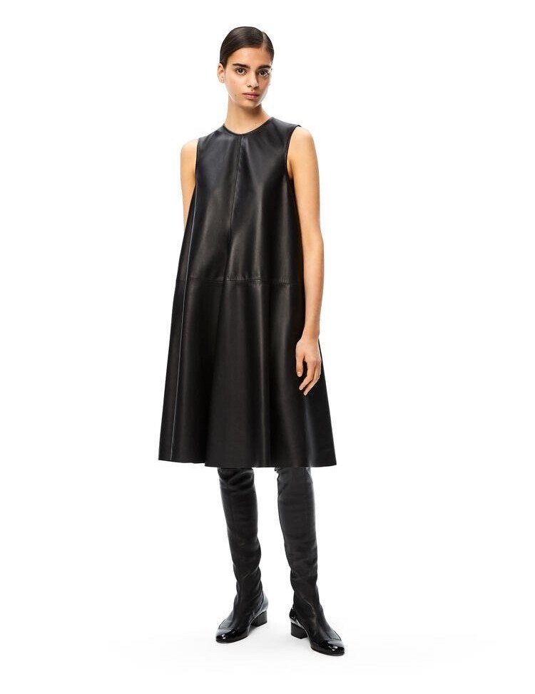 【関税&送料込】Loewe Dress In Nappa LOEWE Sleeveless Flare Midi Dress in Black Nappa Leather