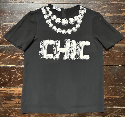 MOSCHINO Cheap and Chic Black White Polyester FLINTSTONES Necklace Blouse XS 6 8