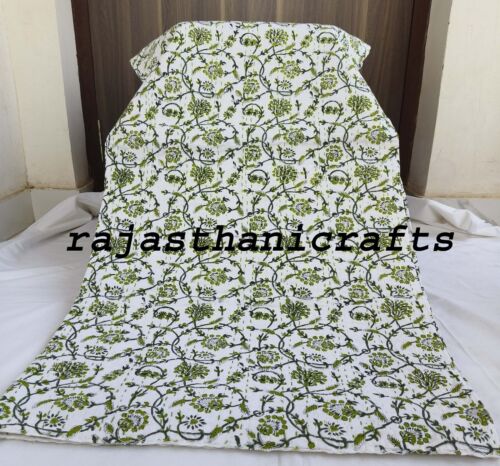 Indian Cotton Hand Block print Kantha Bedspread Quilt King Size Blanket Throw