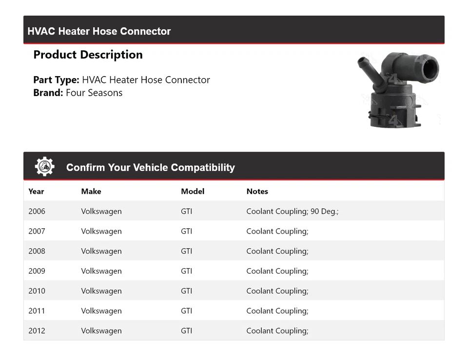 Разъем шланга нагревателя для 2006-2012 Volkswagen GTI HVAC 4 сезона 2007 2008 2009 - Изображение 2 из 4