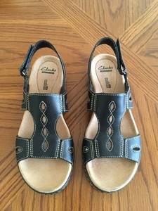 CLARKS Collection Black Leather Soft Cushion Slingback Sandals Shoes US 7.5 M | eBay