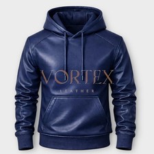Mens Premium Dark Blue Leather Hoodie Real Lambskin Leather Hoodie Classic Style