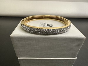 Authentic Swarovski Swan Signed Pave Crystal Pave Gold Plated Hinged Bangle Bracelet