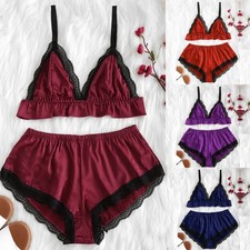 Stylish Lace Trim Satin Sleepwear Set for Women Pajama Shorts with Lace Top