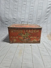 Vintage Red Union Leader Cut Plug Tobacco Hinged Tin Handle Clasp Man Cave Decor