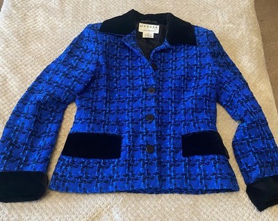 VINTAGE JAEGER  Rare Blue herringbone tweed boucle jacket blazer coat 12 velvet