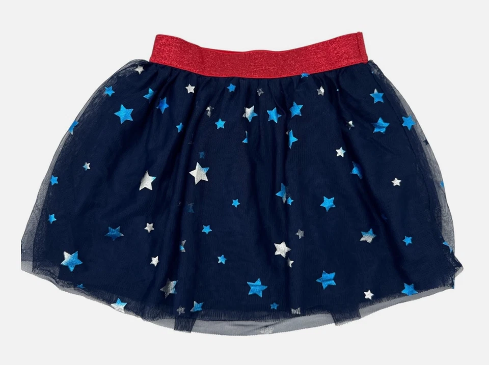 CAT & JACK Tulle Tutu Skirt NAVY BLUE Red Waist SILVER STARS 4th of July M 7-8 - Image 2 of 4