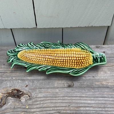 10'' Vintage Palissy Ware  Yellow Green Glazes Corn Cob Ceramic Majolica Holder