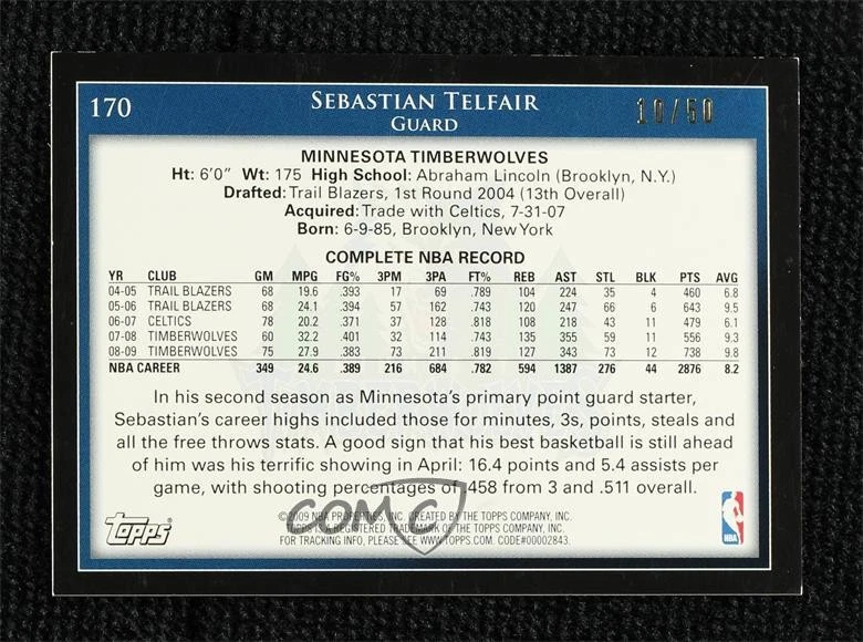 2009-10 Topps Black /50 Sebastian Telfair #170 - Image 2 of 2