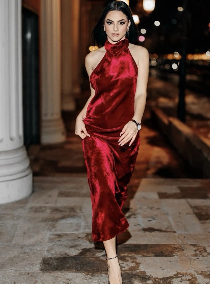 ZARA ЖЕНЩИНА КРАСНОЕ ВИНО БАРХАТ МАКСИ ПЛАТЬЕ. (Маленький) - Изображение 3 из 4