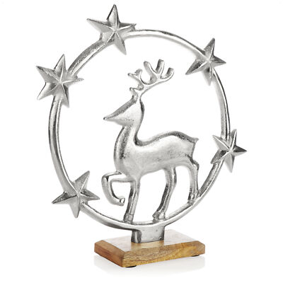Premium Deko-Aufsteller aus vernickeltem Aluminium auf Mangoholz - Rentier/Stern